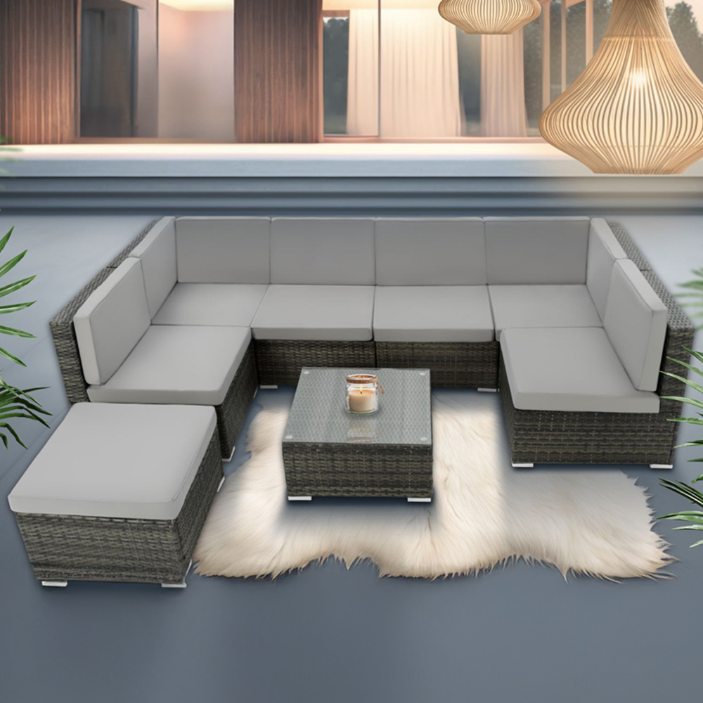 tectake Venice 7 Seater Grey Garden Sofa Set with Thick Cushions Image 1