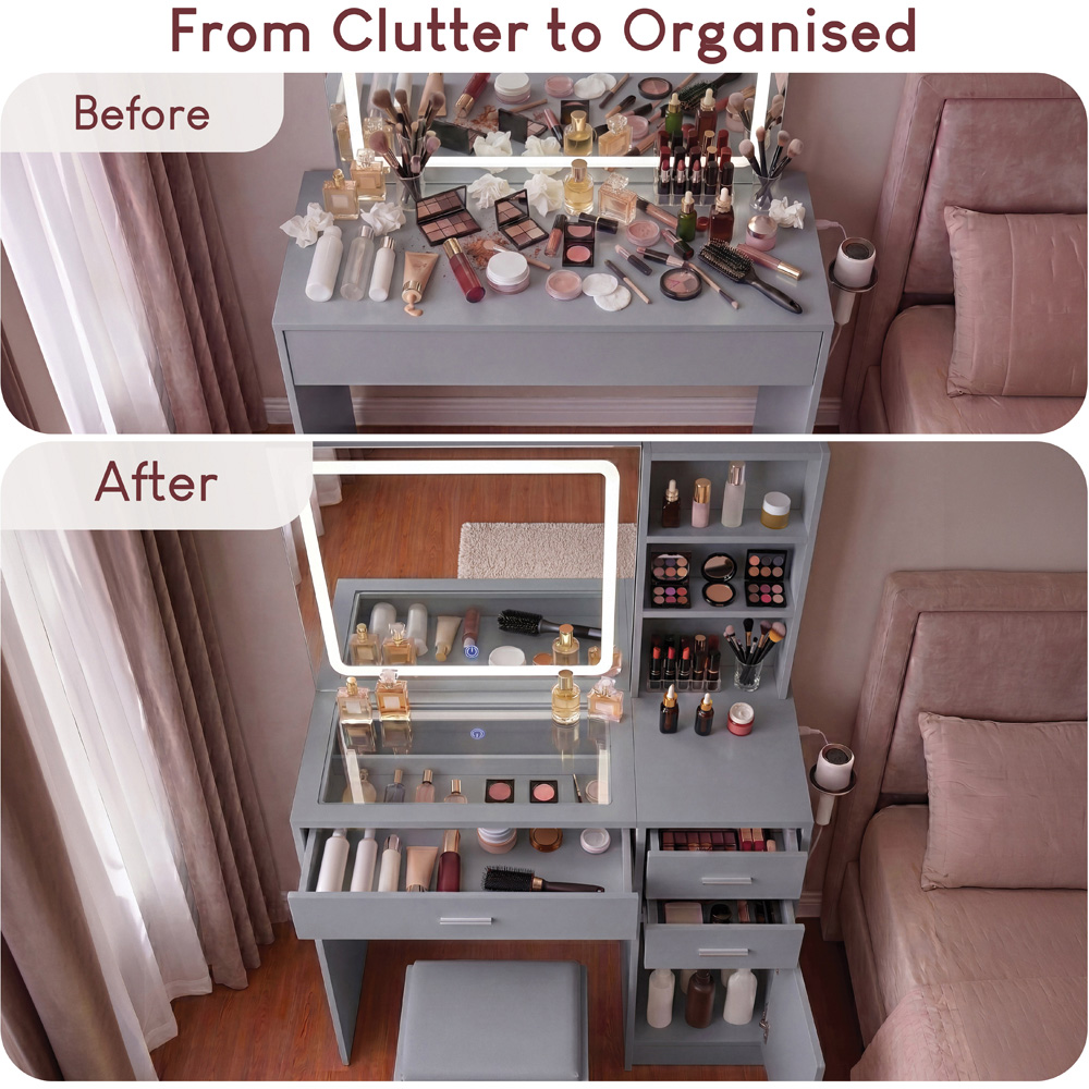 VIDA DESIGNS Clova Single Door 3 Drawer 2 Shelf Grey LED Dressing Table Set with Power Outlet Image 5