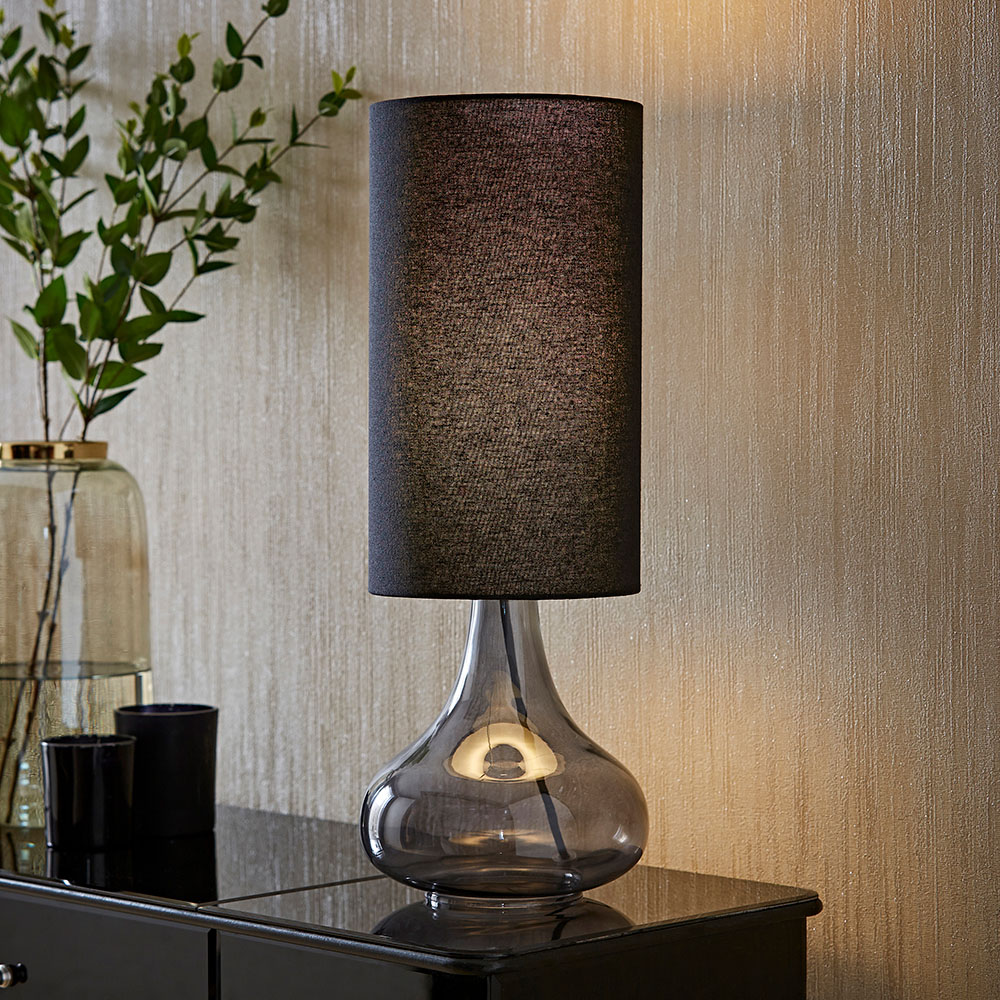 ValueLights Sylvie Black Linen Tall Lamp Shade Smoked Glass Squat LED Table Lamp Image 6
