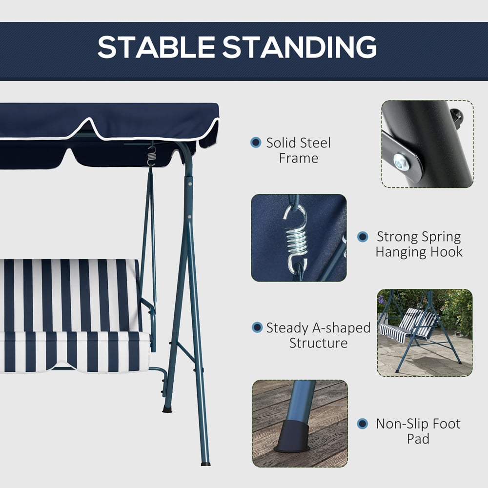 Outsunny 3 Seater Blue and White Swing Chair with Canopy Image 6