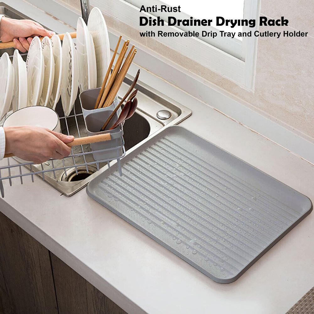 ATEK Grey Wooden Handle Dish Drying Rack with Drain Tray and Cutlery Holder Image 2