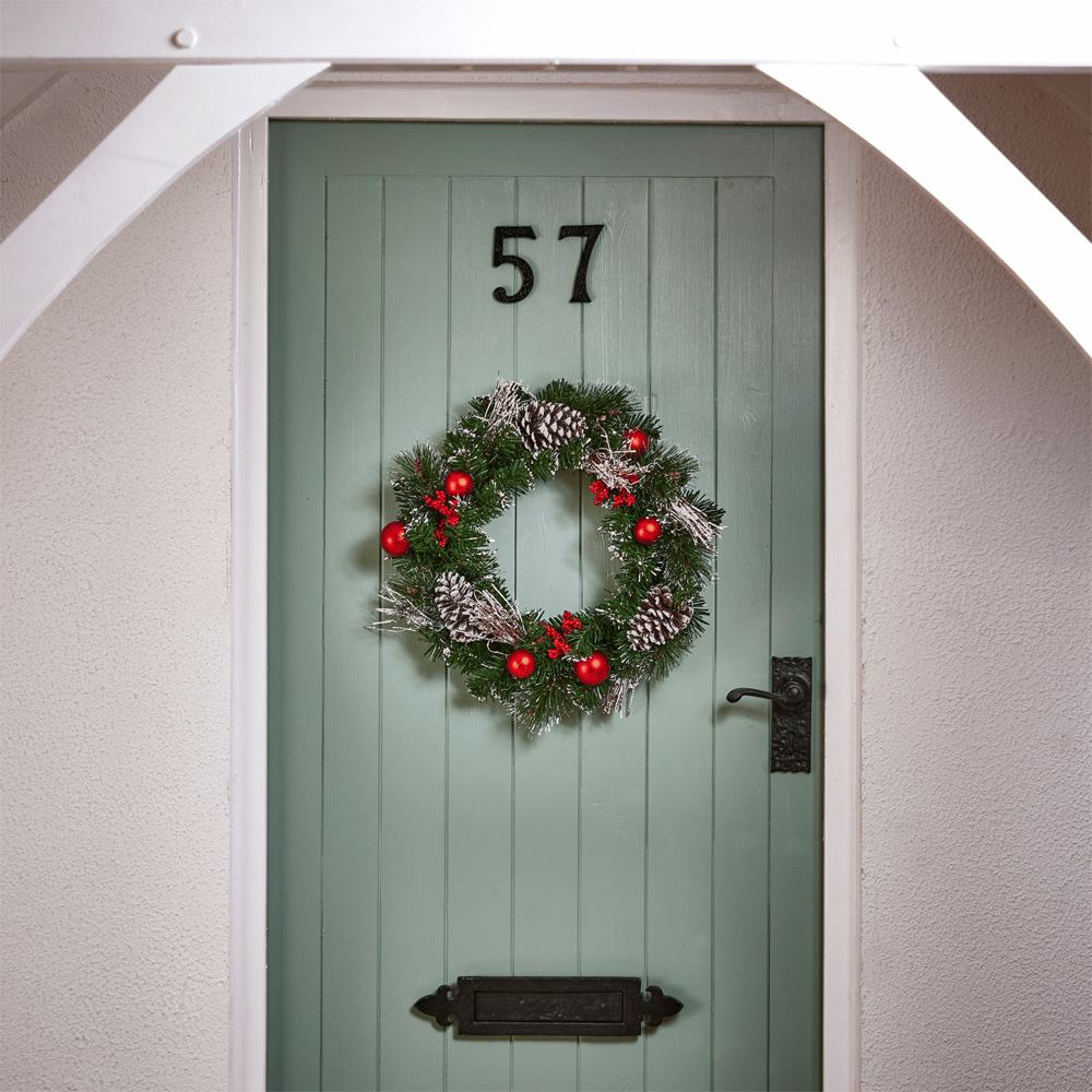 Premier Red Dressed Christmas Wreath with Baubles Bows and Pinecones 40cm Image 2