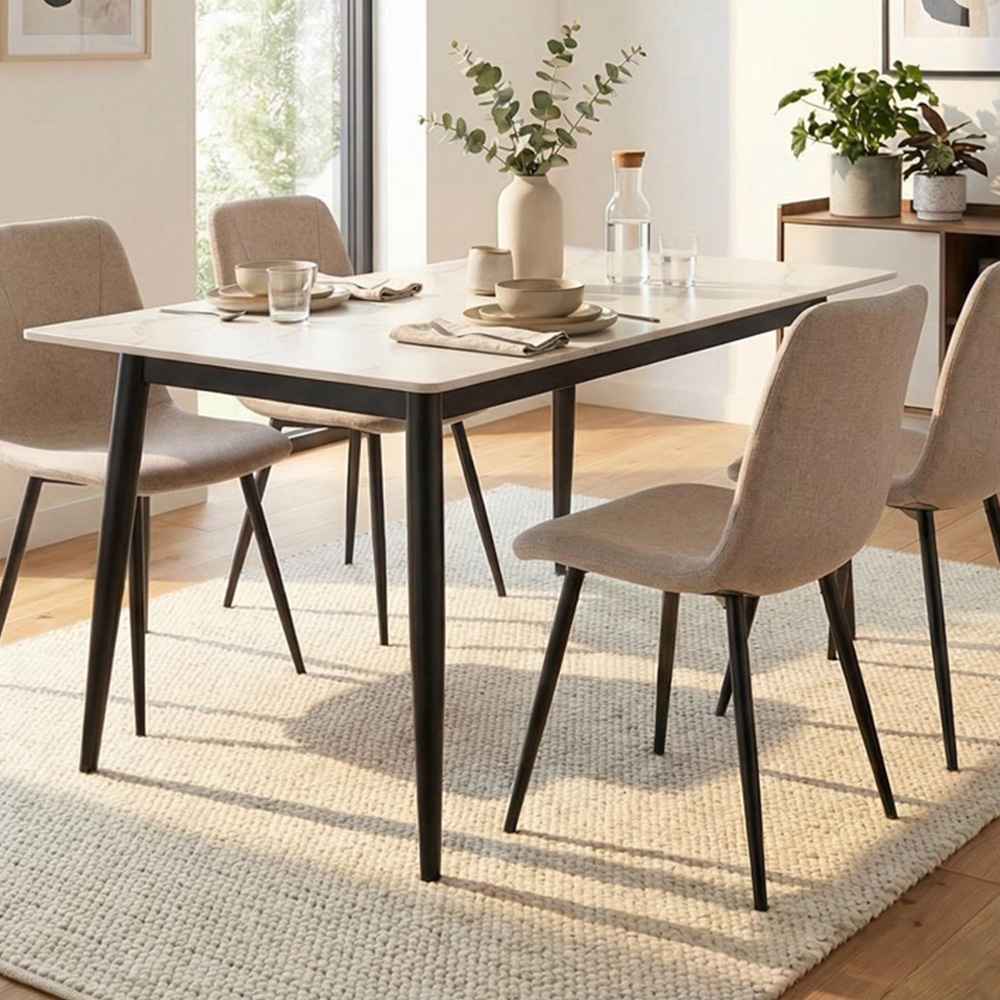 FWStyle Nova 4 Seater Sintered Stone Marble Effect Heat Resistant Fixed Top Dining Table Cream Image 1