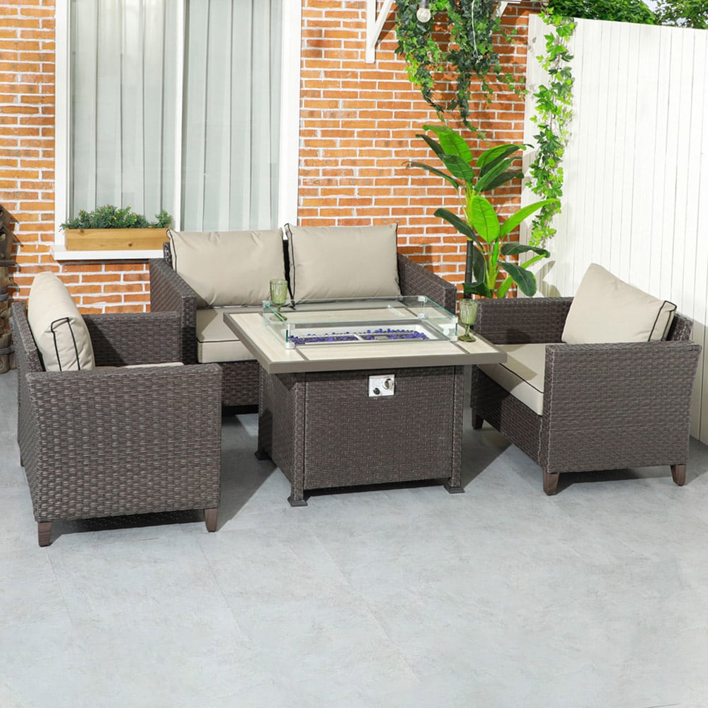 Outsunny 4 Seater Deep Brown Rattan Patio Furniture Set with Gas Fire Pit Table Image 1