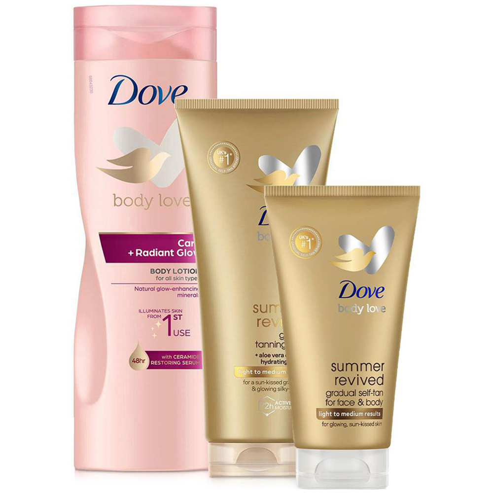 Dove Care+Radiant Glow Body Lotion and Summer Revived Fair To Medium Face Cream Set Image 1