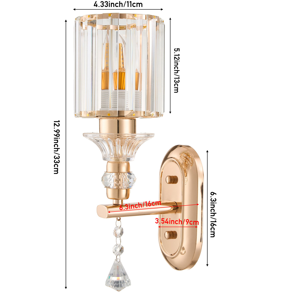 Living and Home Elegant Gold Metal and Crystal E27 Wall Light Image 8
