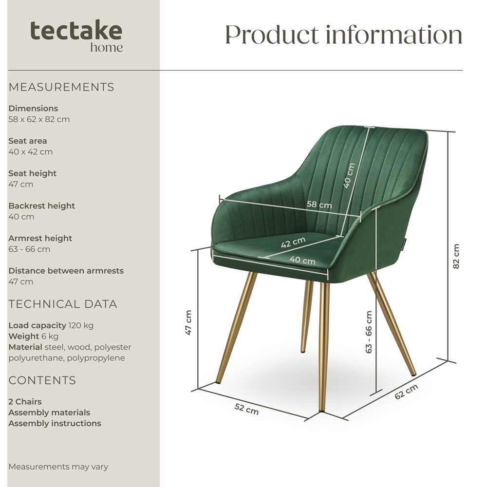tectake Marilyn Set of 2 Dark Green and Gold Quilted Velvet Dining Chair Image 9