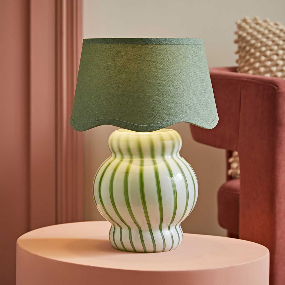 ValueLights Taffy Sage Scallop Shade Green Stripe Glass Table Lamp with Bulb Image 7