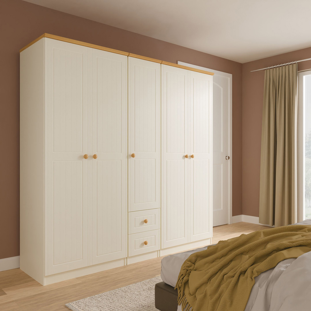 Crowndale Warwick 5 Door 2 Drawer Cream Ash and Modern Oak Wardrobe Ready Assembled Image 9