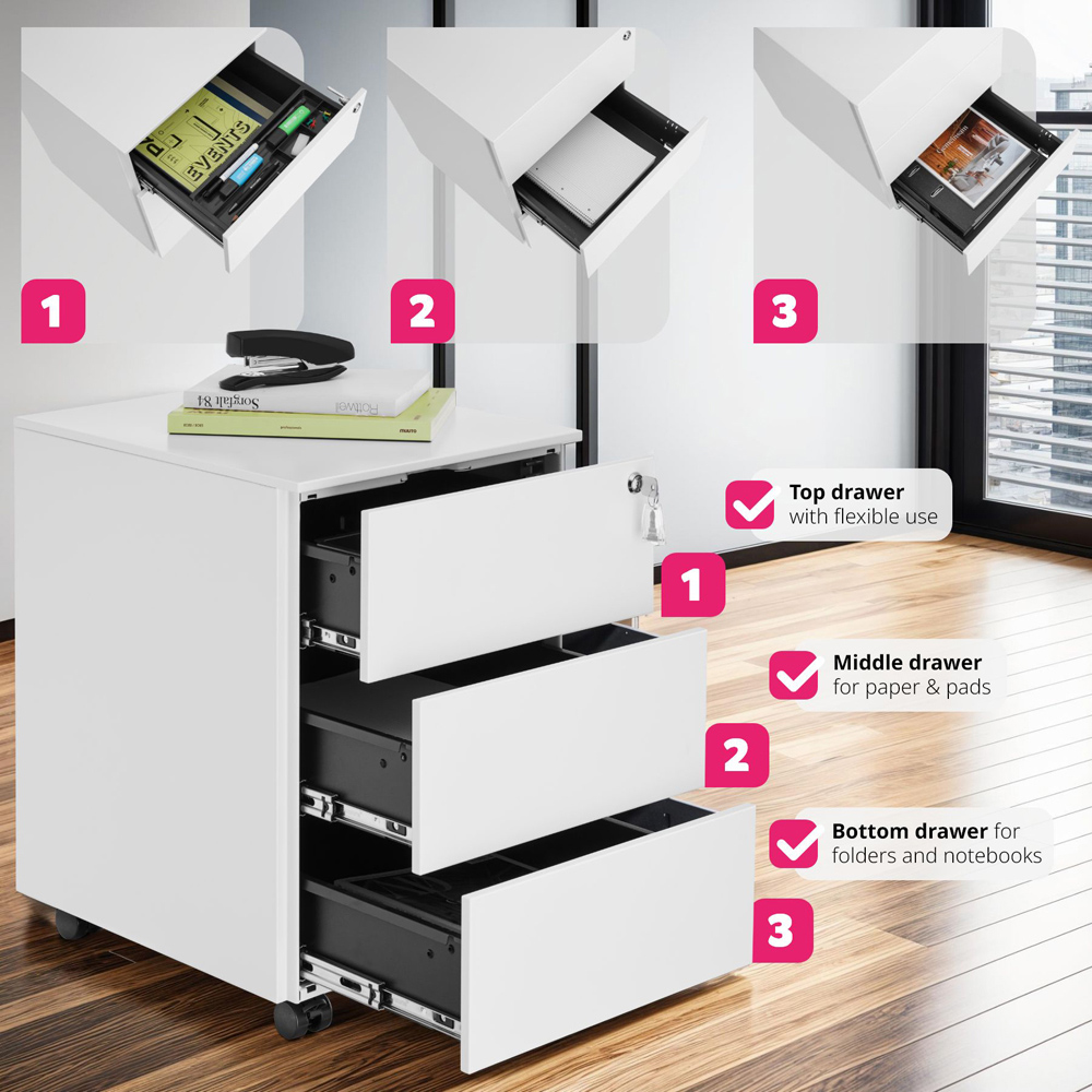tectake Magna 3 Drawers White Lockable Chest of Drawers Image 3