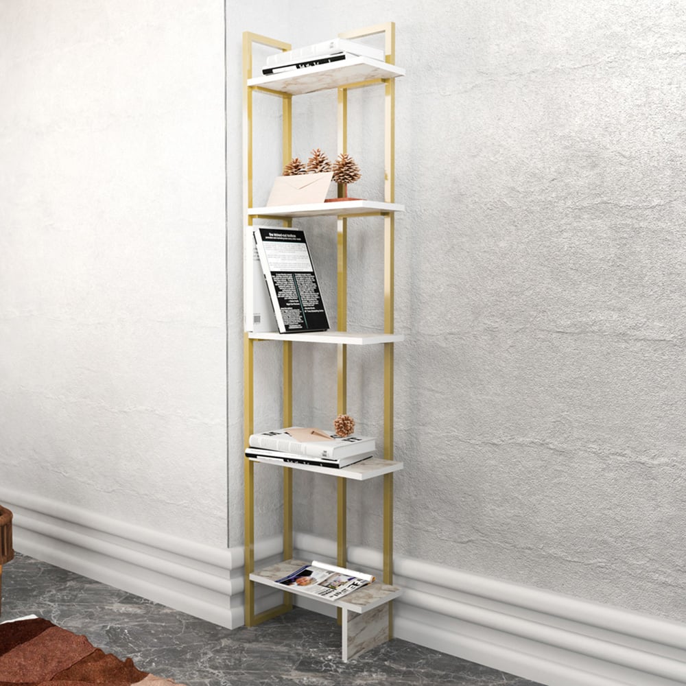 Decorotika Alice 5 Shelf Gold and White Marble Effect Corner Bookshelf Image 1
