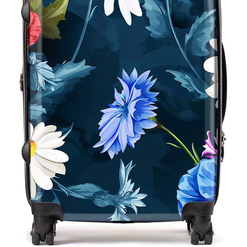 Warren Reed Designer Medium Poppy Flowers with Chamomile Leaves Cornflowers On Dark Blue Suitcase Image 2