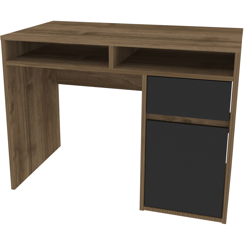 Decorotika Isla Single Door Single Drawer 2 Shelf Corner Computer Desk Walnut and Black Image 2