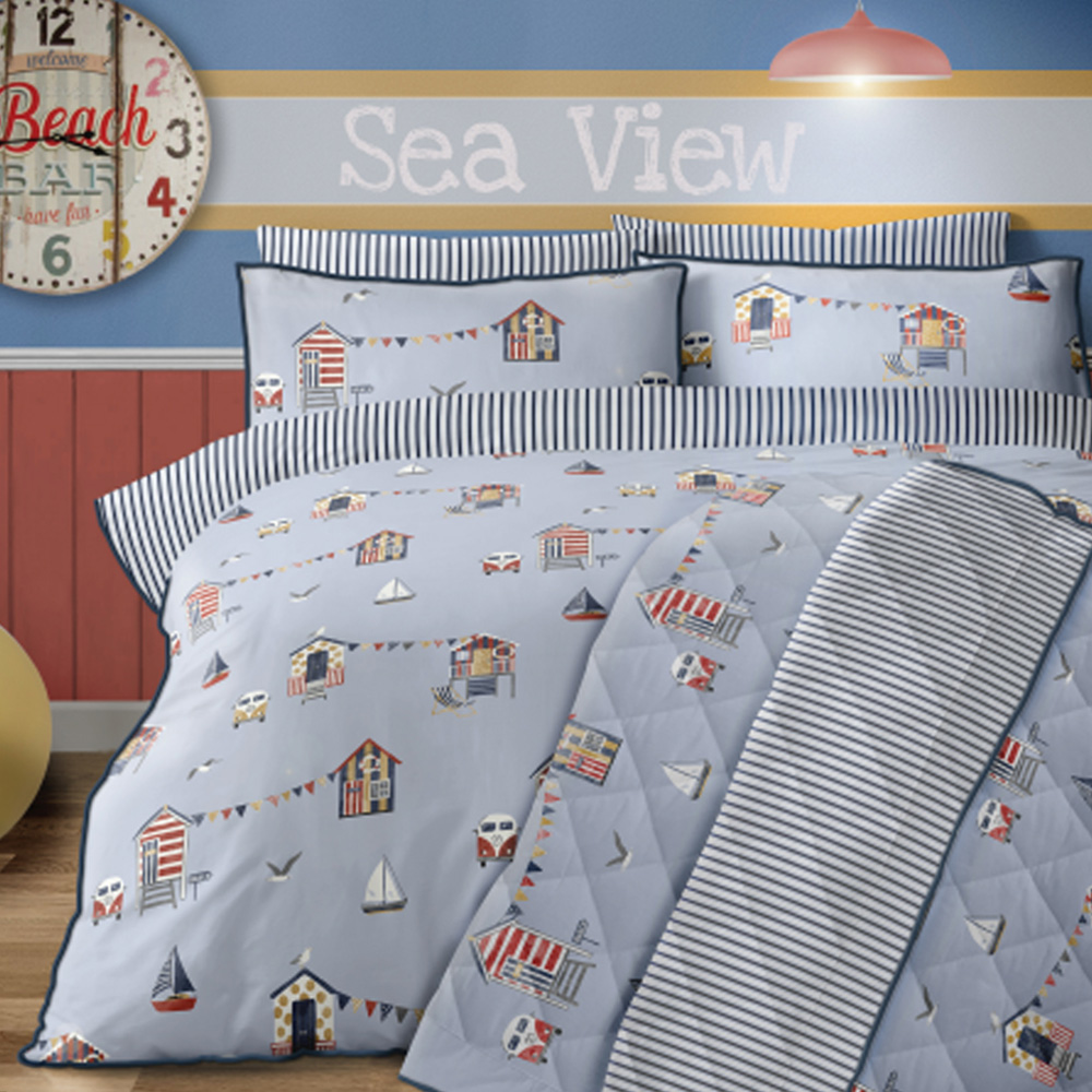 Bellissimo Home Double Blue Beach Hut Piped Edge 200 Thread Count Duvet Cover Set Image 1
