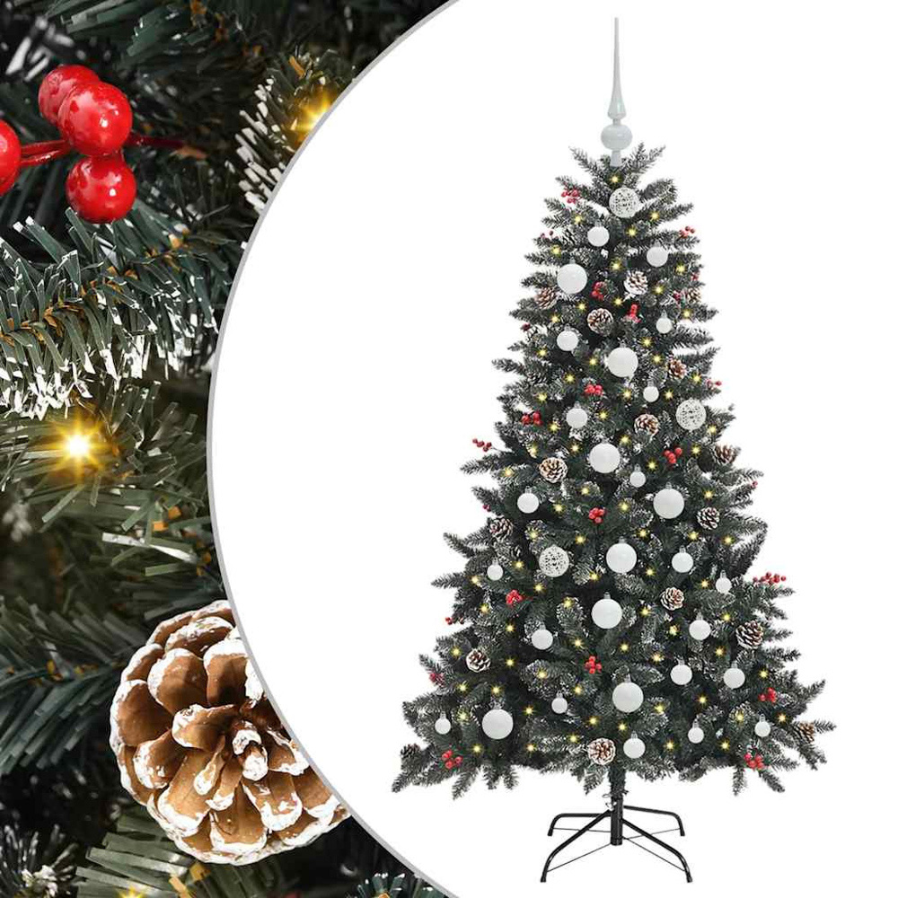 vidaXL Pre-Lit White Bauble Pinecones Berries Green Snow Flocked Artificial Christmas Tree 5ft Image 6