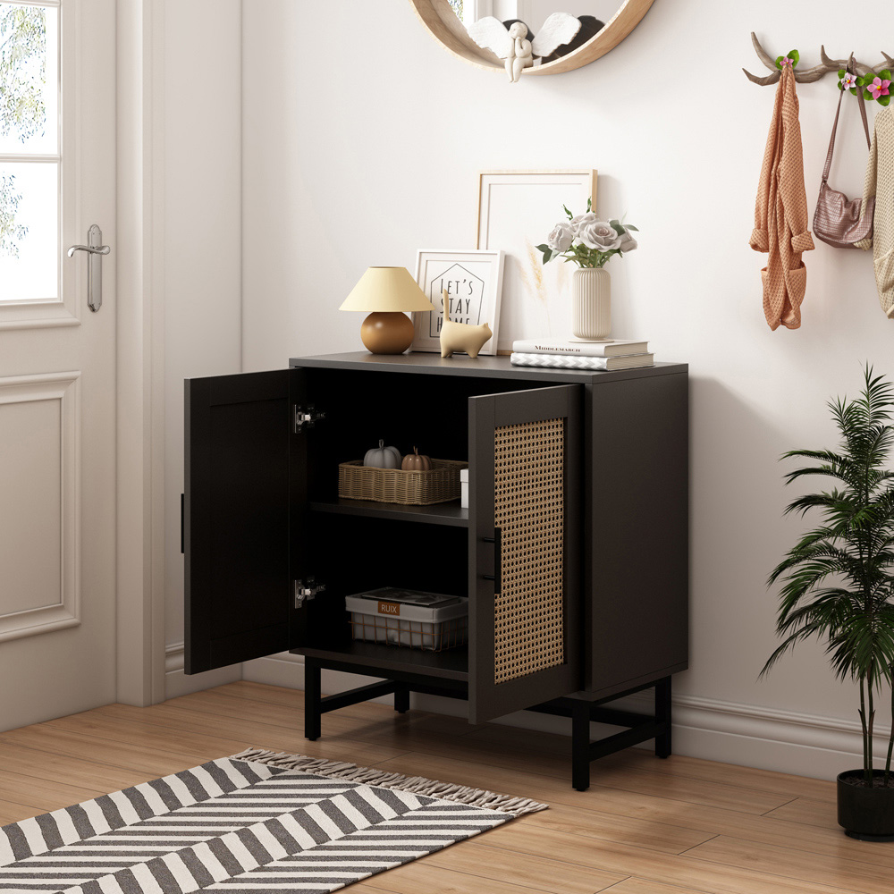 FurnitureHMD 2 Door Black Rattan Wooden Storage Cabinet with Metal Legs Image 6