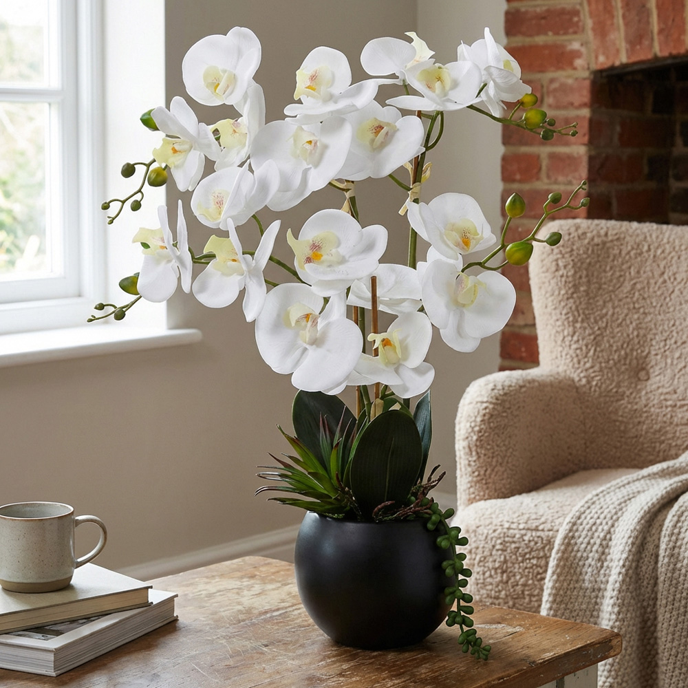 White Orchid in Pot with Succulent Artificial Plant Image 5