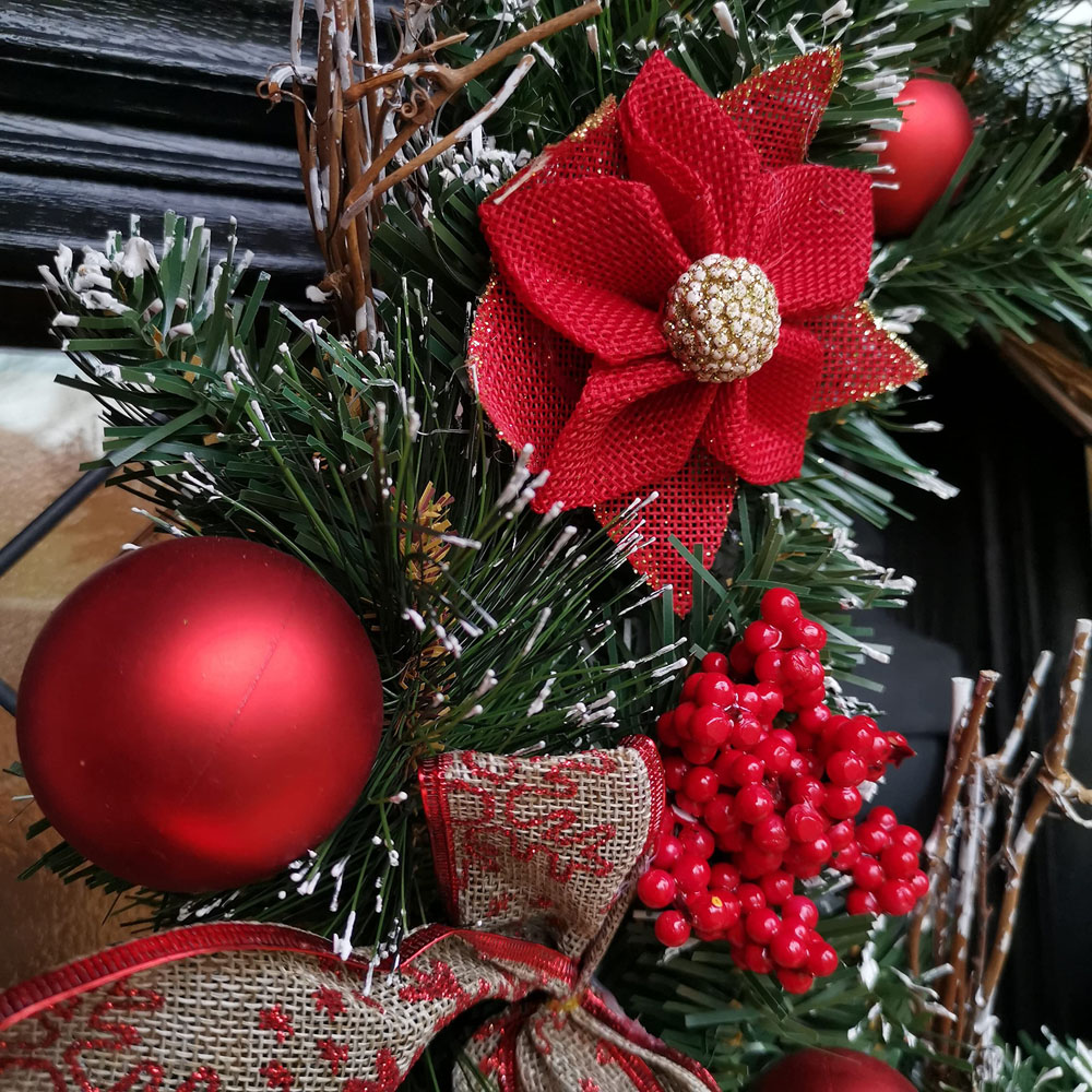 Premier Red Dressed Christmas Wreath with Baubles Bows and Pinecones 40cm Image 3