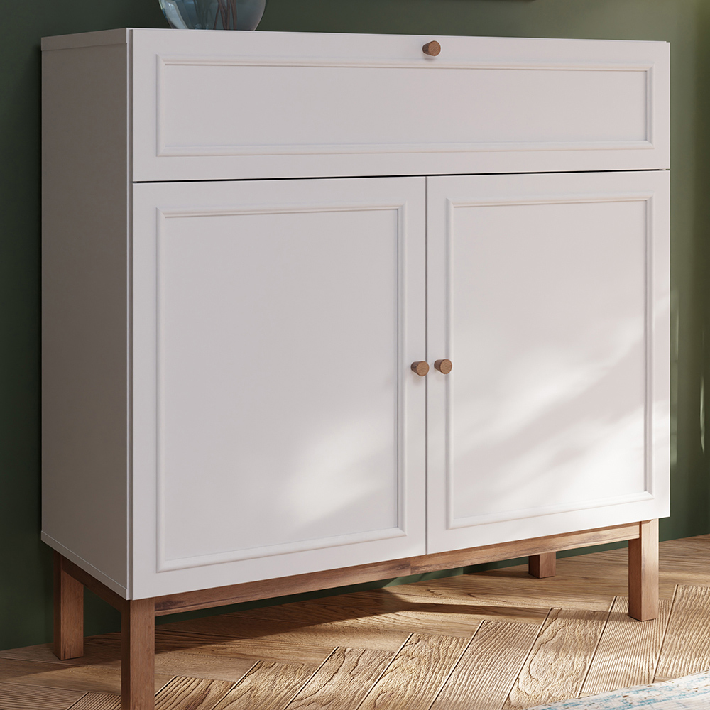 Florence Wensley 2 Door Single Drawer Light Grey and Oak Sideboard Image 1