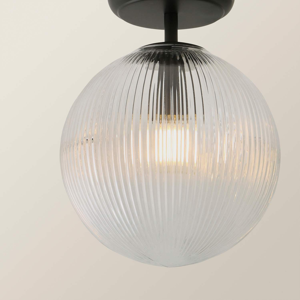 ValueLights Kempton Matt Black Ribbed Globe Shade Flush Ceiling Light with Bulb Image 3