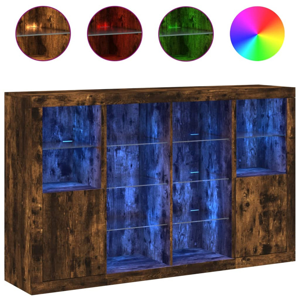vidaXL 2 Door 12 Shelf Smoked Oak Wide Sideboard with LED Lights 3 Piece Image 2