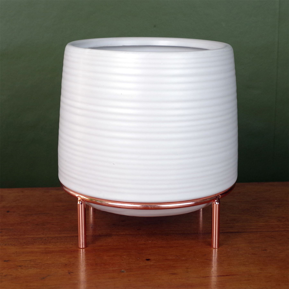 Leaf White Ceramic Planter with Metal Stand Image 4