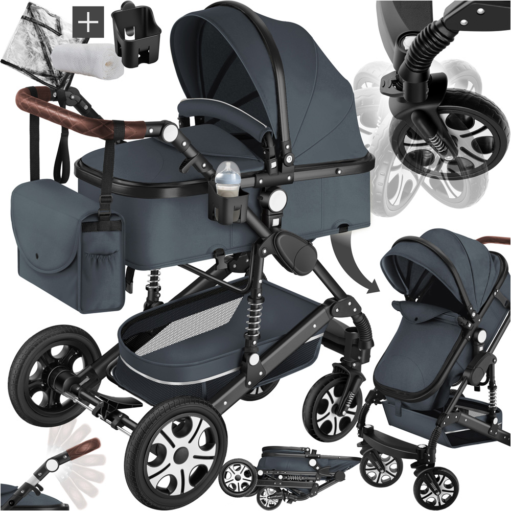 tectake Anthracite Foldable Pram Stroller with 5 Point Harness Safety Bar and Wrist Strap Image 2