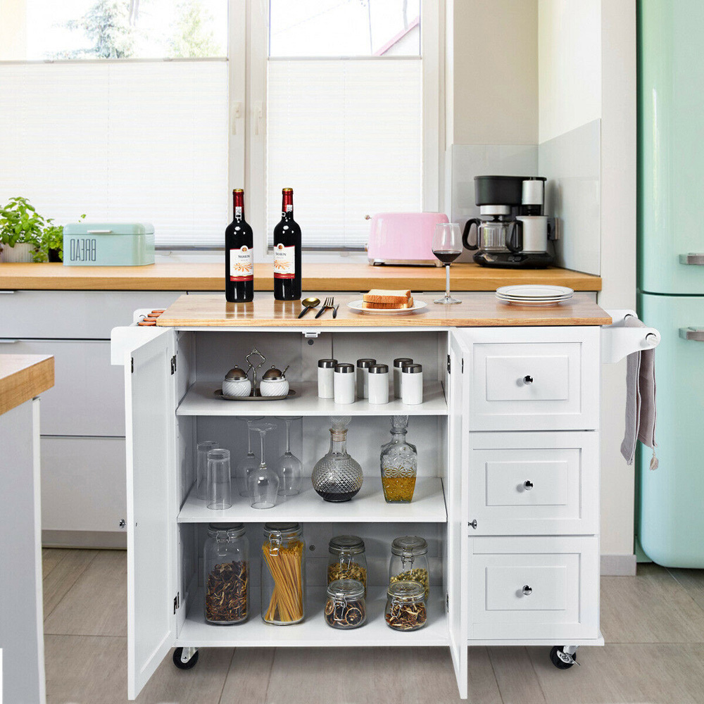 Costway 3 Drawer and 2 Door White Kitchen Island Cart on Wheels Image 2