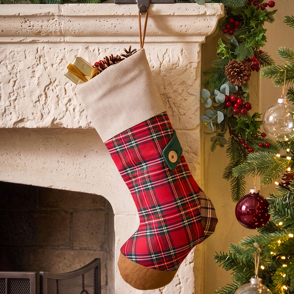 Dibor Tartan Red Patchwork Christmas Stocking Image 2