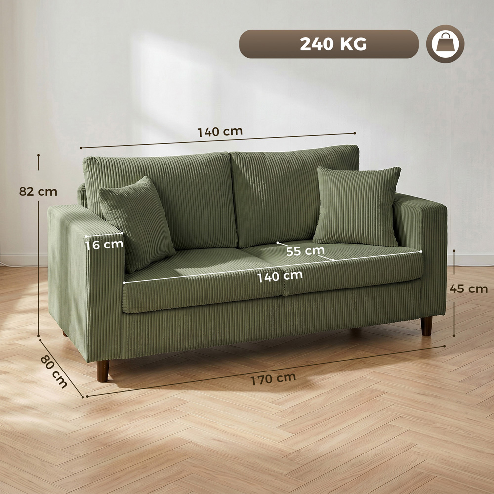 HOMCOM 2 Seater Green Corduroy Upholstered Wide Seat Loveseat Sofa Image 8