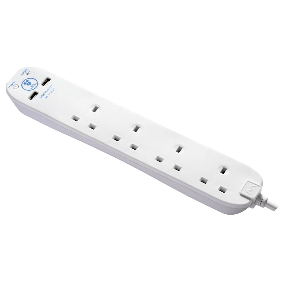 Wilko 1m 4 Gang White Extension Lead with USB Image 2