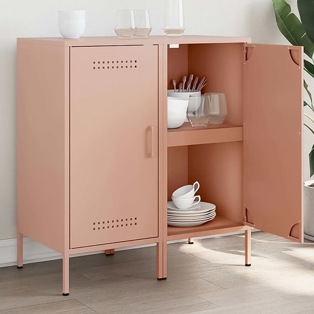 vidaXL Single Door Pink Metal Sideboard Set of 2 Image 1