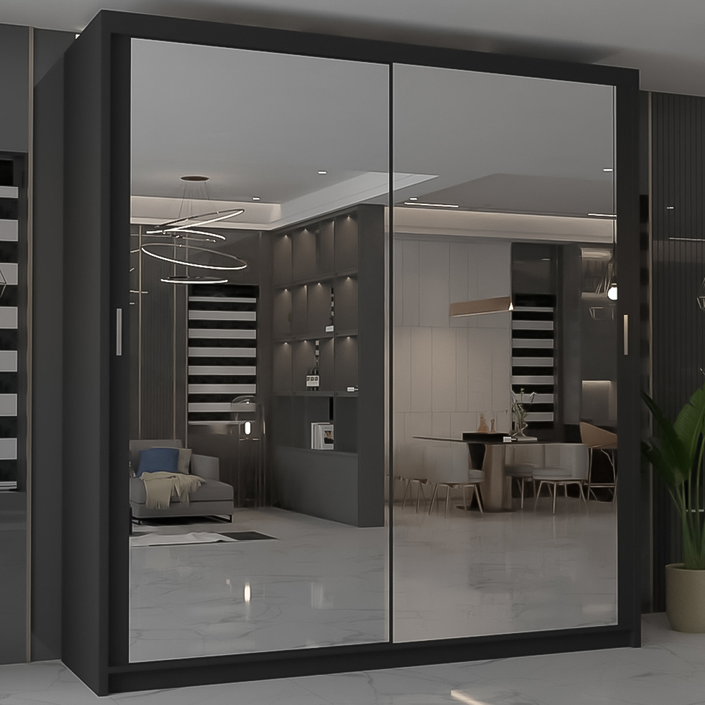 M N Furniture Modern Gala 2 Door Black Mirrored Sliding Wardrobe 203cm Image 1