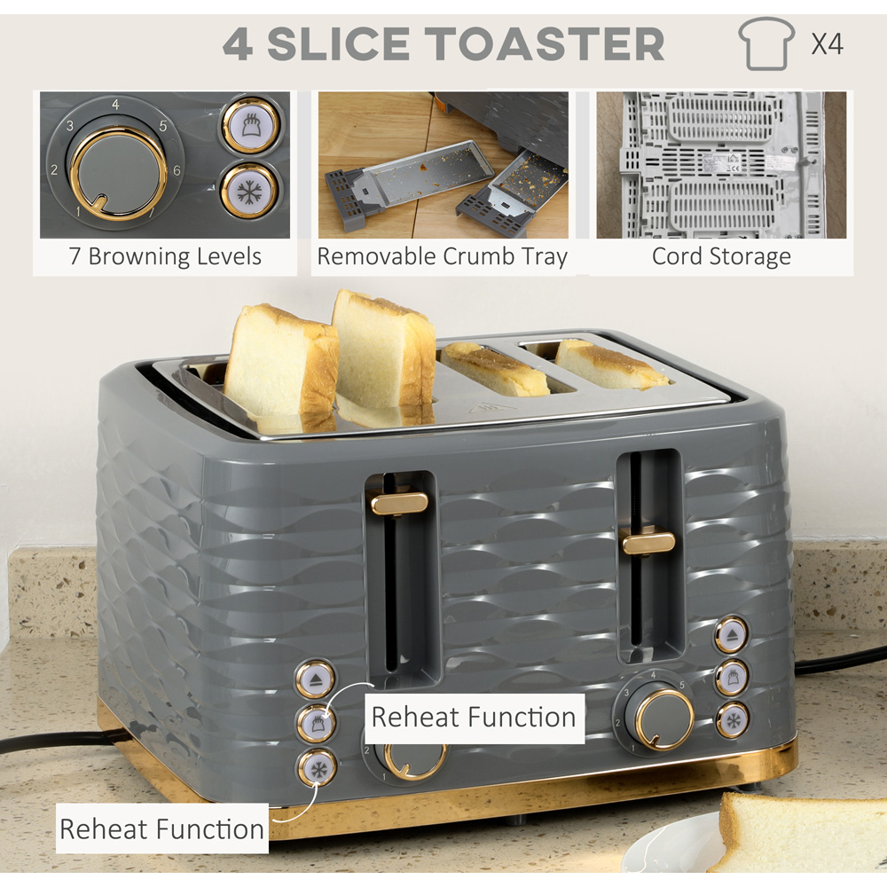 HOMCOM 800162V70GY Grey 1.7L Kettle and 4 Slice Toaster Set Image 5