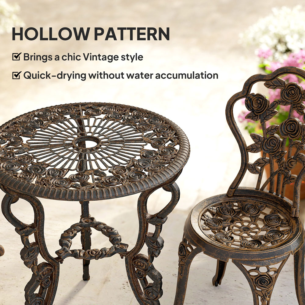 Outsunny 2 Seater Brown Rose Design Metallic Garden Bistro Set with Umbrella Hole Image 6