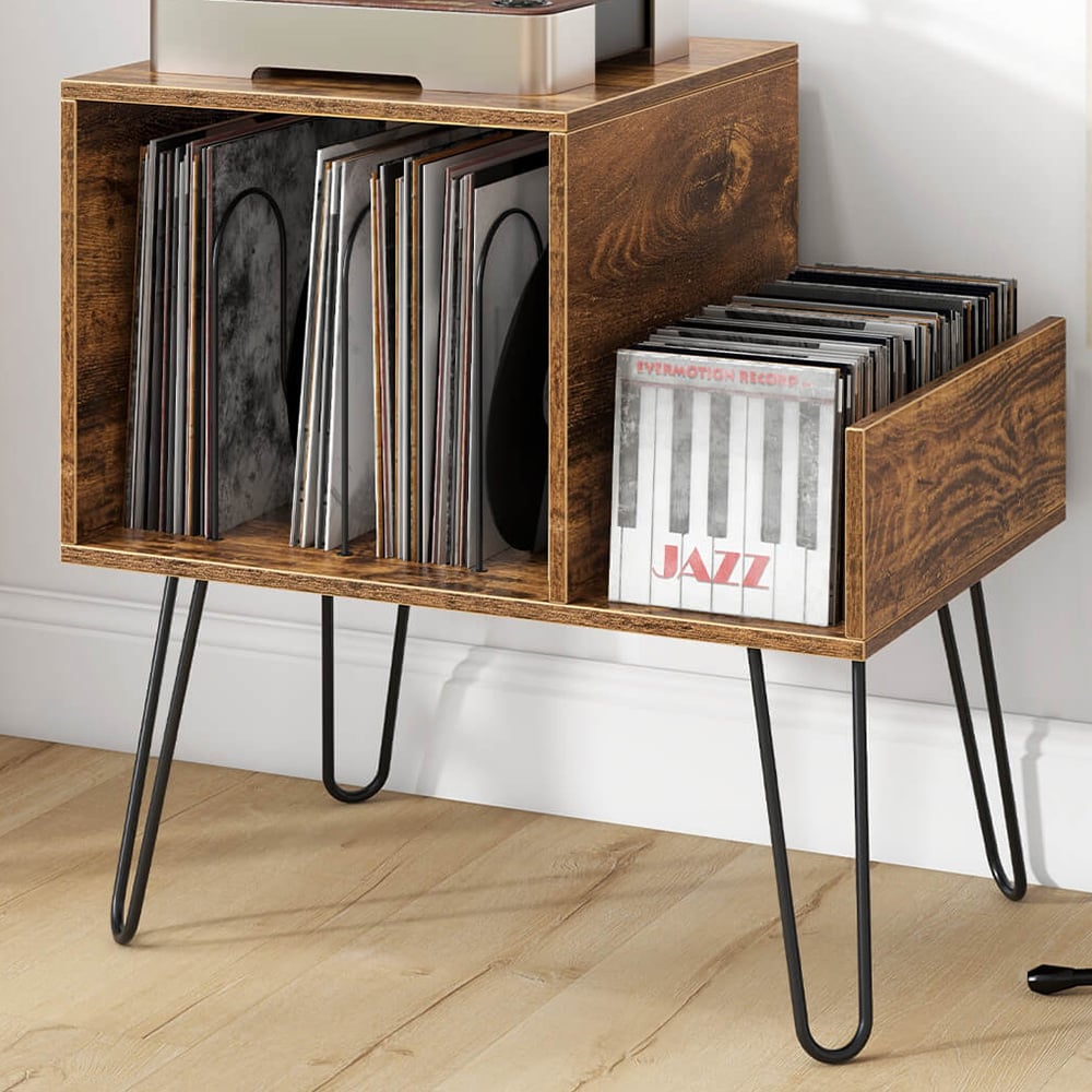 Costway Rustic Brown Record Player Stand with Power Outlet and Removable Dividers Image 1