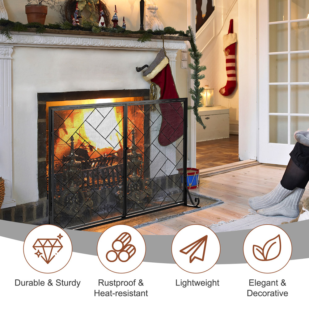 Costway 2 Panel Black Double Magnetic Doors Mesh Fireplace Screen Image 4