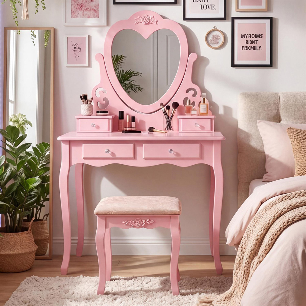 Portland 4 Drawer Pink Dressing Table Set with Mirror Image 6