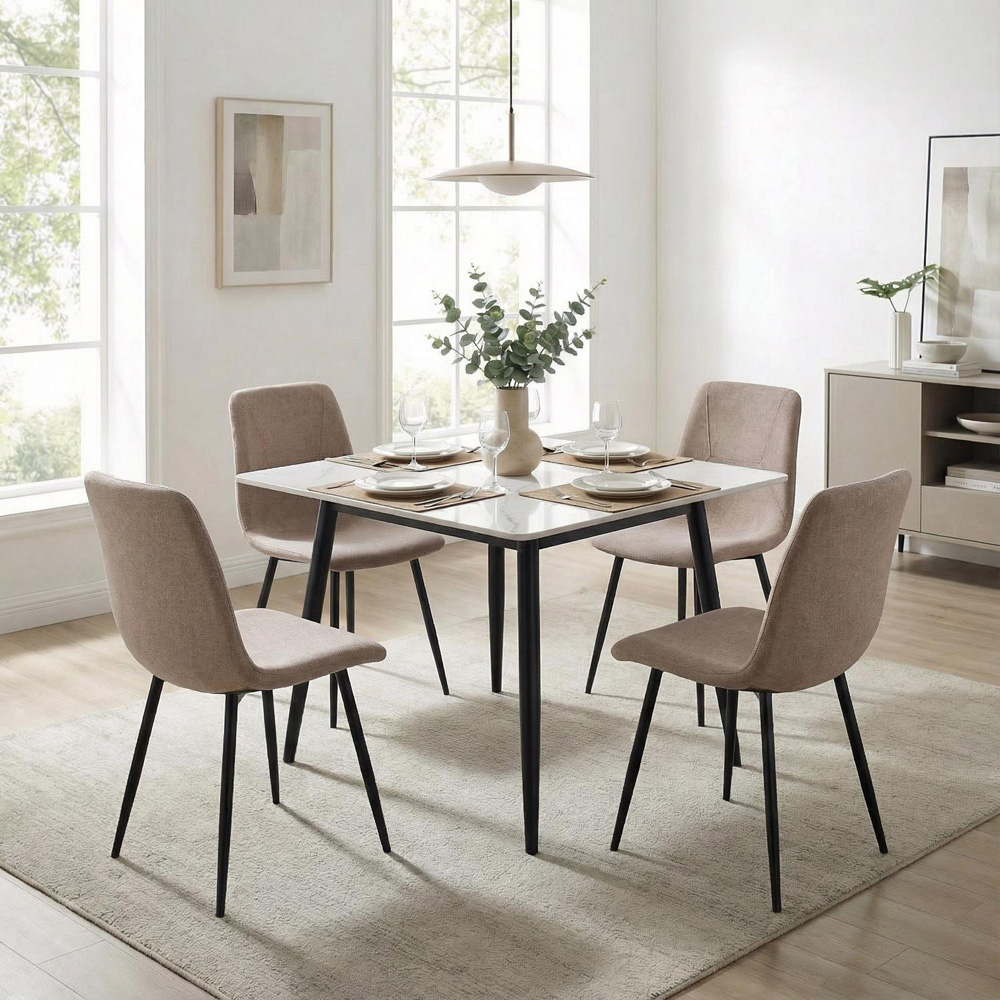 FWStyle Esme Set of 4 Light Brown and Black Linen Upholstered Steel Frame Dining Chair Image 5