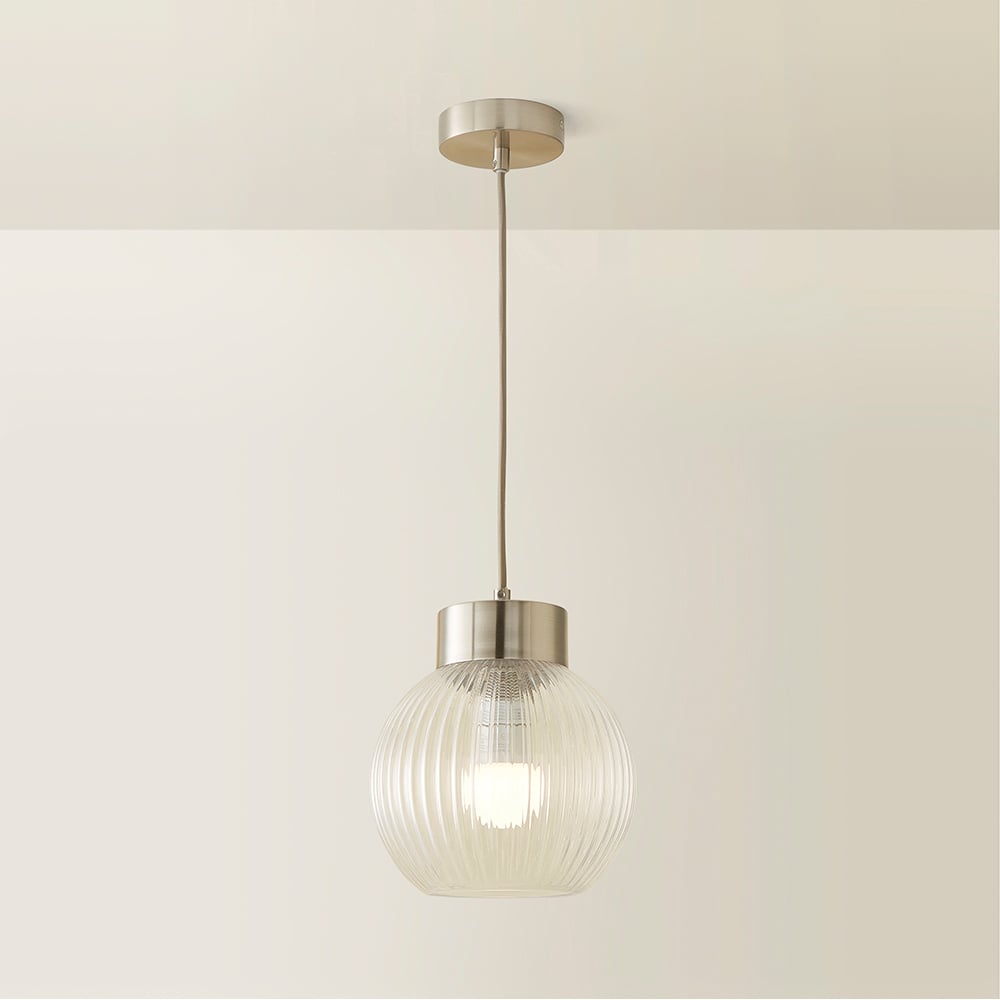 ValueLights Maddison Ribbed Glass Shade Brushed Chrome Capped LED Ceiling Pendant Light Image 5