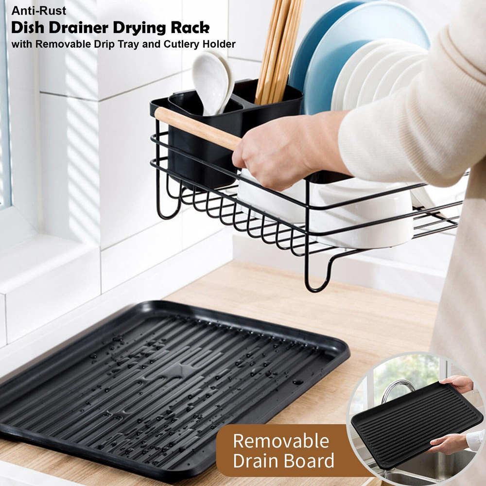 ATEK Black Wooden Handle Dish Drying Rack with Drain Tray and Cutlery Holder Image 4