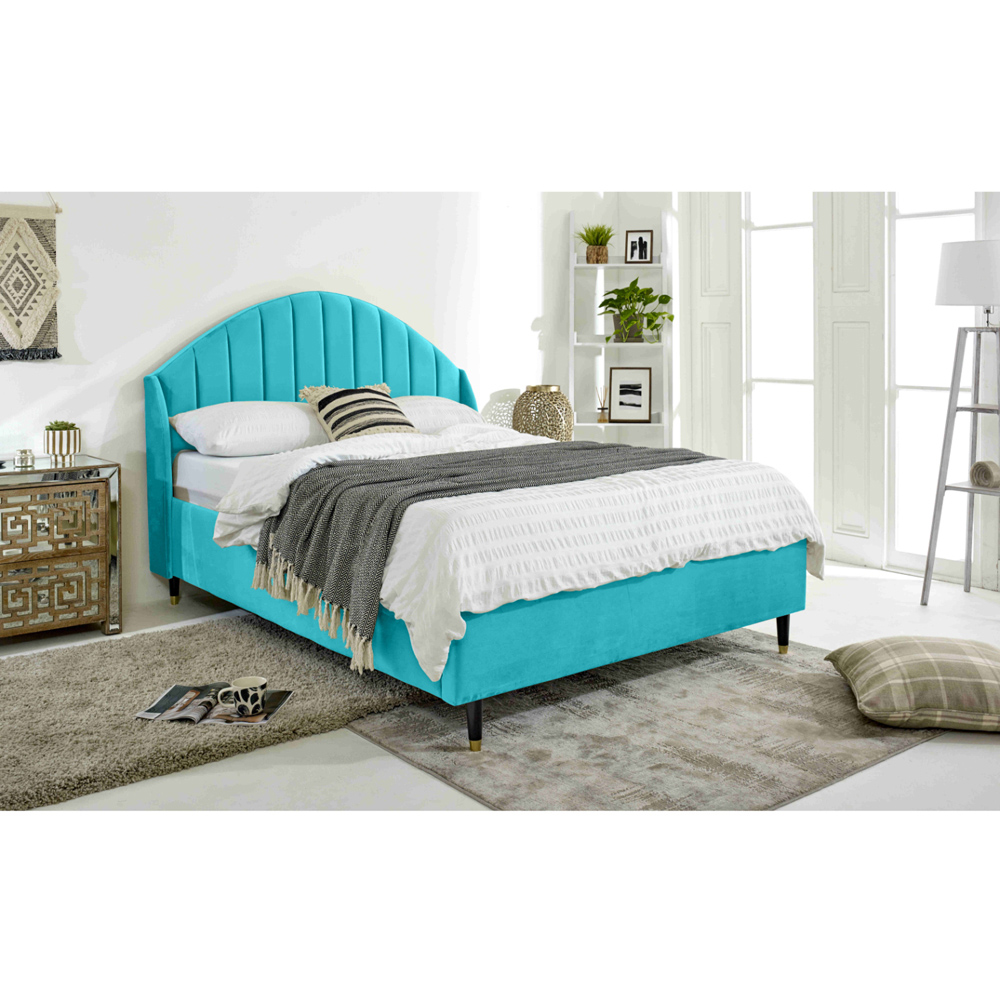Eleganza Elysium Small Double Teal Plush Velvet Bed Frame with Curved Winged Headboard Image 6