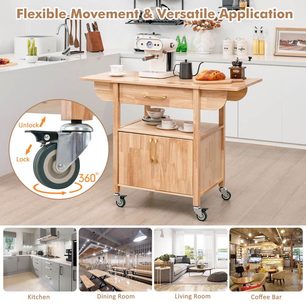 Costway 2 Door Single Drawer Natural Drop Leaf Kitchen Island Trolley Image 7