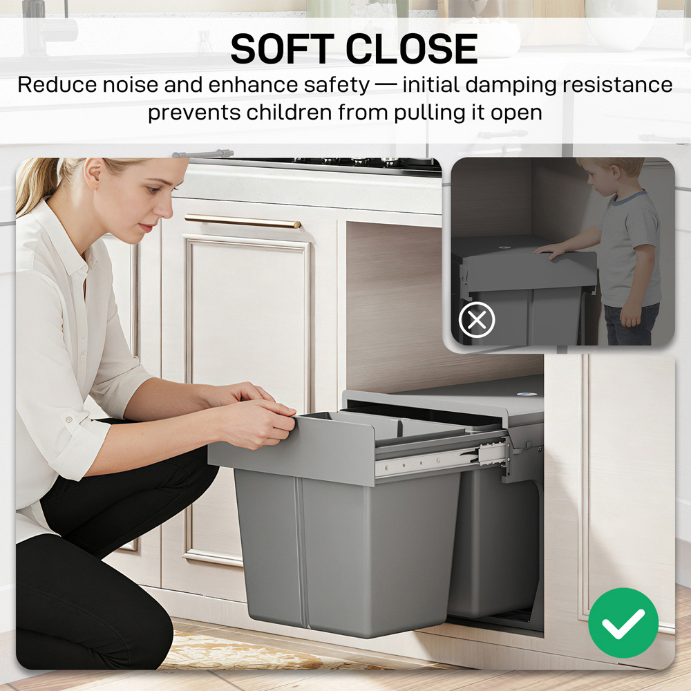 HOMCOM Light Grey Soft-Close Pull Out Double Under Sink Bin 30L Image 7
