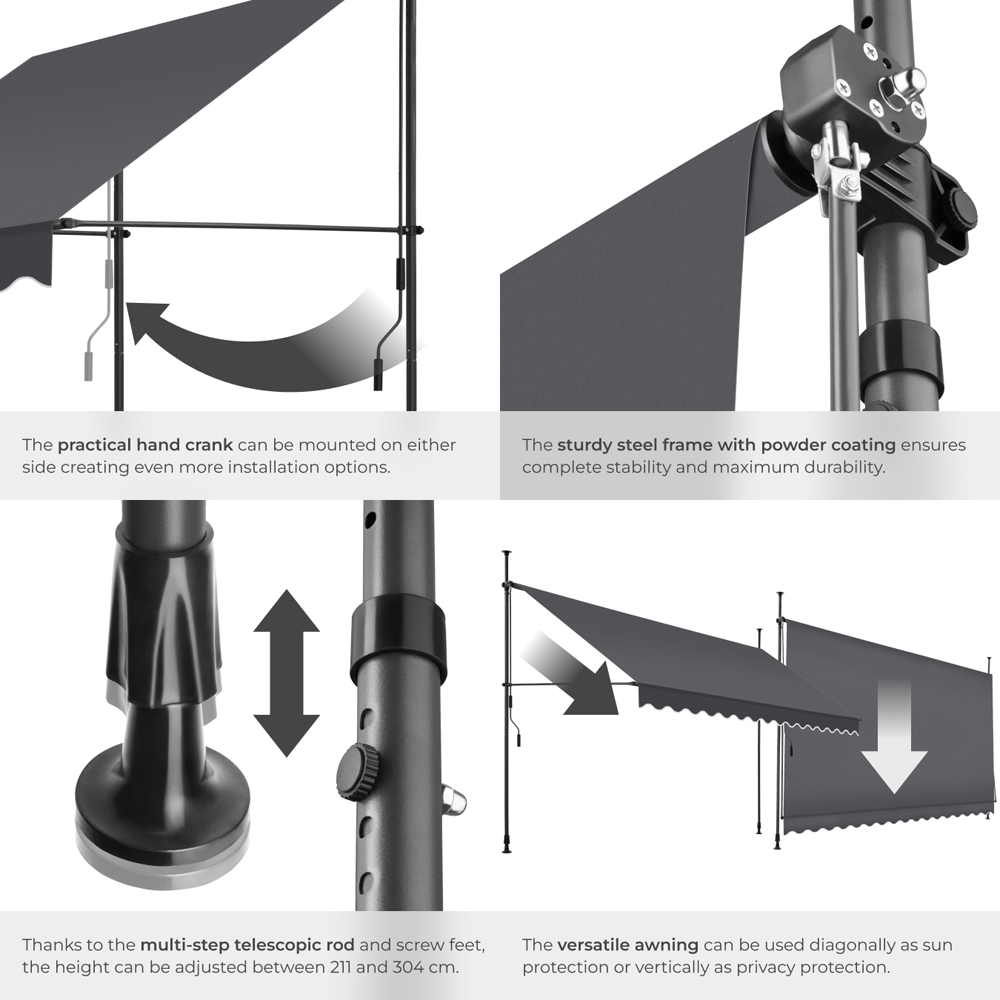 tectake Black and Grey Retractable Awning 4 x 1.8m Image 5