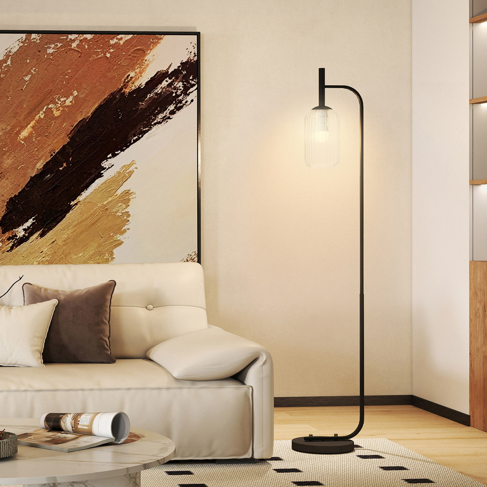 HOMCOM Glass Lampshade Black Floor Lamp with Foot Switch Image 2