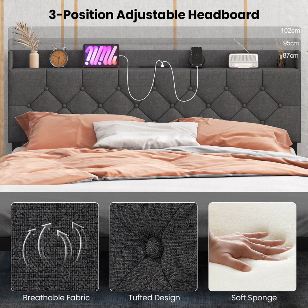 Costway King Size Grey Floating Bed Frame with Charging Station Image 7