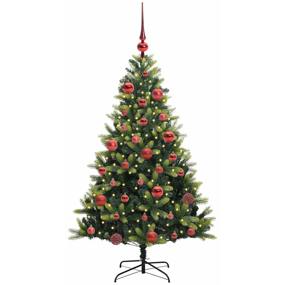 vidaXL Pre-Lit Red Baubles Green Artificial Hinged Christmas Tree 5ft Image 1