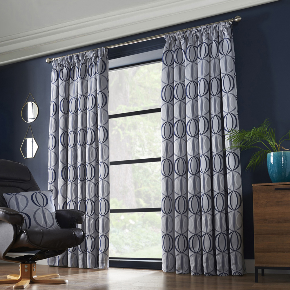 Alan Symonds Ome Navy Jacquard Lined Pencil Pleat Taped Top Curtains 228 x 274cm Image 1