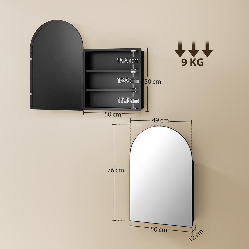 Portland 3 Hidden Shelf Black Arched Bathroom Mirror Cabinet Image 8